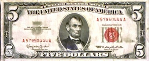 1963 Red Seal Five Dollar Bill Lincoln Memorial $5 US Currency Note Red Serial # - Picture 1 of 8