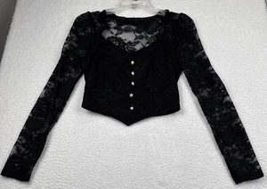 Mujer Y2K Negro Encaje Transparente Manga Larga Recortado Cuello Corazón Capricho S - Imagen 1 de 20