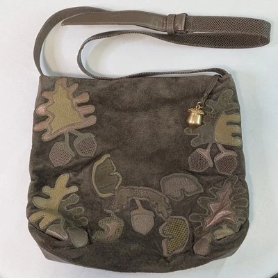 Bolso de Hombro Sharif Gamuza Cuero Hoja Bellota Apliques Oliva Caqui Marrón De Colección Foto 1 de 4