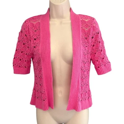 Vintage Y2K Pink Crocheted Shrug / Open Cardigan Short Sleeve Size Small - Image 1 of 4