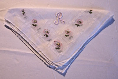 Inital  "R" Hankie Hankerchief  Edged in Pink  Flowers on White Backgrouond - Image 1 of 2