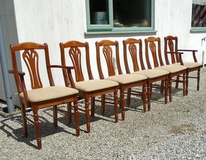Set of 6 Pine Splat Back Modern Upholstered Kitchen Dining Chairs 4 + 2 Carvers - Picture 1 of 21