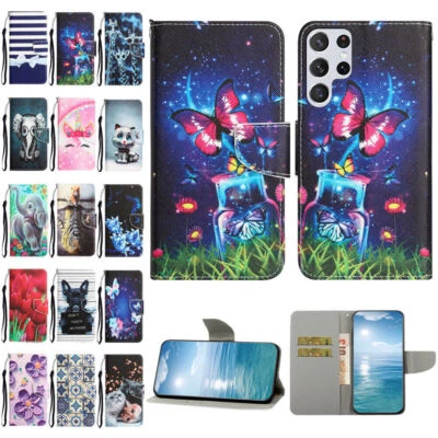 Flower Dog Cat Butterfly Wallet Phone Case For Samsung S23 S22 Ultra S21 S20 FE - Image 1 of 4
