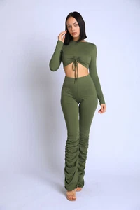 Women Stylish Tie Front Long Sleeve Crew Neck Top and Matching Ruched Pants Sets - Picture 1 of 12