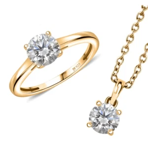 J Francis Swarovski 3 1/4 CTW Solitaire Ring + Pendant 18K Vermeil Over 925 Set - Picture 1 of 10