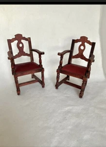 Antique Estate German Dollhouse Miniature Matching Arm Chairs With Red Silk - Picture 1 of 9