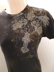 Archaic Brand Black Tee Rhinestones Cross & Wing Pattern Front and Backside Sz M - Picture 1 of 10