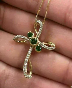 1.50Ct Simulated Emerald & Stone Cross Pendant 925 Silver Gold Plated - Picture 1 of 5