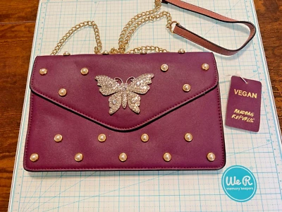 Women's Vegan Burgundy Butterfly Rhinestone Clutch/Crossbody Handbag, NWOT - Image 1 of 4
