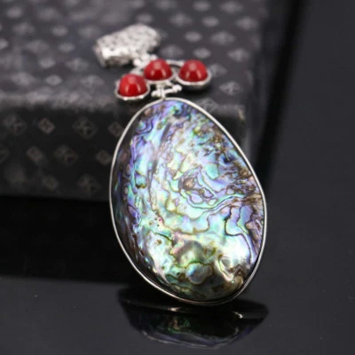Специальный дизайн огромный натуральный абалона раковина красный жемчуг драгоценные камни серебро ожерелье кулон - Изображение 1 из 4
