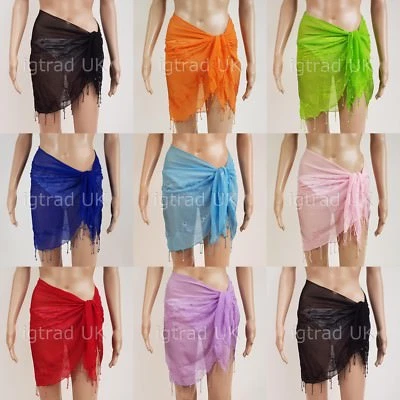 Embroidered Mini Sarong Semi Sheer Chiffon Bead Fringe Cover Up Wrap UK 8-14 - Image 1 of 2