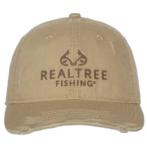 Realtree Cotton Tan Twill Embroidered Fishing Baseball Hat With Fray NEW - Picture 1 of 8