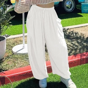 Women Loose Casual Cotton Linen Trousers High Waist Wide Leg All Season - Picture 1 of 18