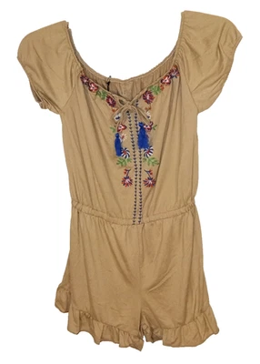 Soft & Cozy by Poof Woman's Tan with Floral Embroidery Shorts Romper - Size: M - Image 1 of 2