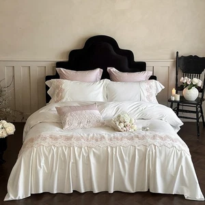Bedding Set 4 Pcs Lace Cotton Flat Sheet Duvet Cover 2 Pillowcases White - Picture 1 of 20