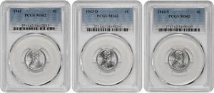 1943 P D S 1c Lincoln Steel Wheat Cent PCGS Graded MS 62 Three Coin Lot - Picture 1 of 5
