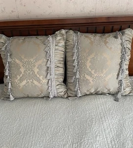 Pair Of Stratford Home Brocade Tasseled Aqua & Gold 16” Pillows EUC - Picture 1 of 6