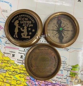 Antique Brass Marine Compass Robert Frost Poem Romantic ,Gifts idea for Lovers - Picture 1 of 6