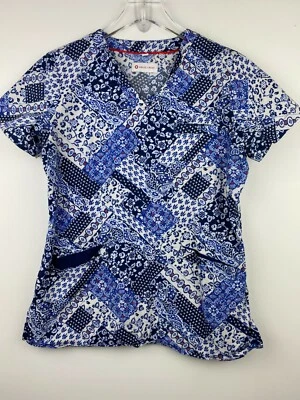 White Cross Womens S Mixed Print Scrub Top V Neck Short Sleeves Blue White Red - Image 1 of 4
