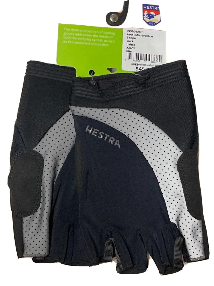 hestra apex reflective short 5 finger gloves black Size 9