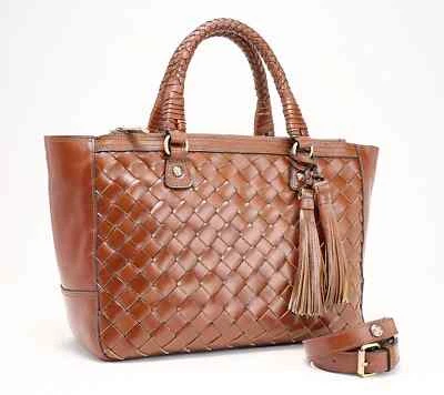 New Patricia Nash Discovery Woven Leather Cortona Tote Bag Purse Cognac A596504 - Image 1 of 4