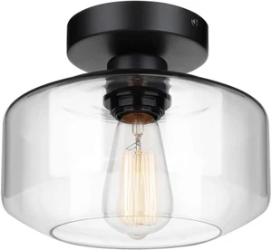 Industrial Semi Flush Mount Ceiling Light, Clear Glass Pendant Lamp Shade, Farmh - Picture 1 of 12