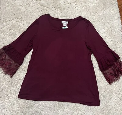 Nuevo con etiquetas Top Liz Claiborne con encaje en la parte inferior de manga 3/4 Talla L Borgoña Pasión Foto 1 de 4