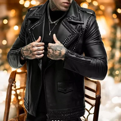 Men’s Black Studded Leather Biker Jacket, Rock Punk Style Handmade Motorcycle Co - Image 1 of 2
