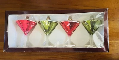 Juego de 4 adornos Martini vintage de papiro de metal de vidrio en rojo y verde nuevos en caja Foto 1 de 4