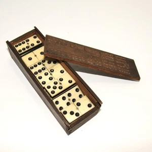 19th Century ANTIQUE 27 Dominoes EBONY & BONE Double Six Dovetailed Wood Box - Picture 1 of 7