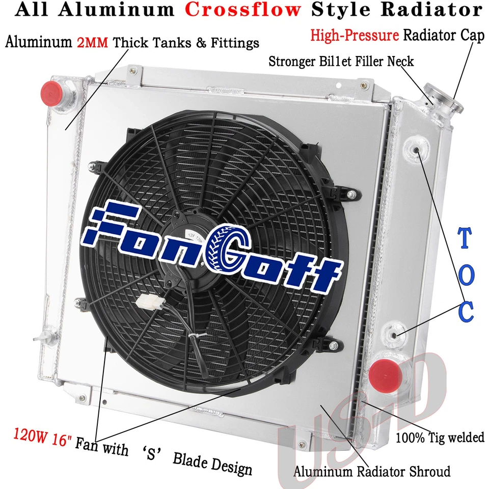 4 Row Aluminum Radiator Shroud Fan For 1966-1977 1969 Ford Early Bronco 5.0L V8 Foto 1 de 4