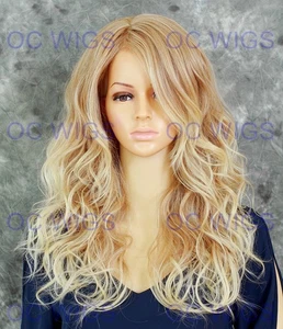 Lange lose gewellte Locken hitzebeständig Echthaar Mischung Perücke hellblond ombre EVAM - Bild 1 von 8
