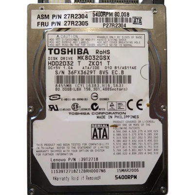 Toshiba MK8032GSX HDD2D32 T ZK01 T 010 B1/AS114E 39T2718 2.5" 80gb Sata HDD 2006 - Image 1 of 4