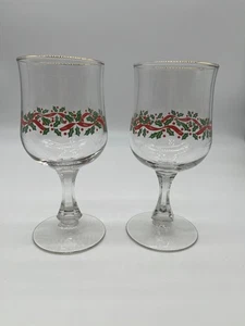 SET OF TWO  LIBBEY CHRISTMAS HOLLY STEMMED 6 3/4" GLASSES  ARBY'S - Picture 1 of 3