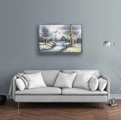 NY Art-Bob Ross Style Oil Painting of Winter View on Canvas 24x36 Framed - Image 1 of 4