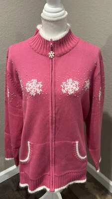 Quacker Factory 3X Sweater, Pink With White Snowflakes, Beads And Trim.  New!! - Image 1 of 4