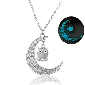 Glowing Luminous Blue OWL Moon Pendant Necklace 20" ๐ Women Teens + Gift Box - Picture 1 of 7