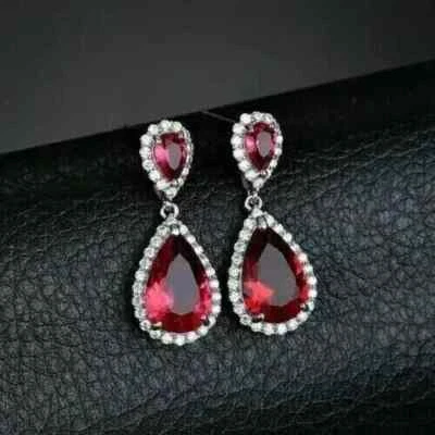 4.50Ct Pear Cut Lab Created Red Ruby Drop/Dangle Halo Earrings White Gold Plated - Image 1 of 4