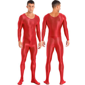 Men's Glossy Long Sleeve Catsuit Bodysuit Stretchy Workout Jumpsuit Underwear