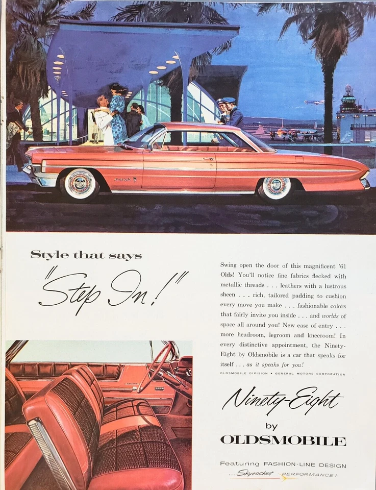 PRINT AD 1961 Oldsmobile Ninety Eight 1960 Airport Scene Planes Palm Trees - Image 1 of 1