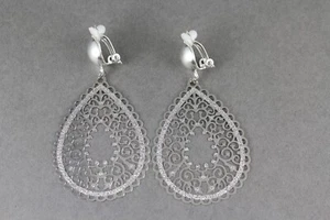 silver Clip On earrings filigree teardrop pendant clips lightweight 2.5" long - Picture 1 of 9