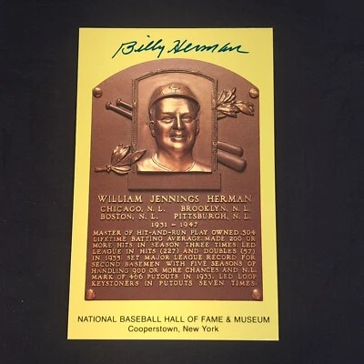 Billy Herman Signed Yellow Hall of Fame Plaque Post Card HOF Cubs Dodgers - Image 1 of 3