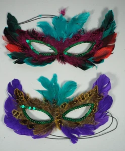 Set of 2 Mardi Gras Feather Masks Purple Red Blue String - Picture 1 of 3