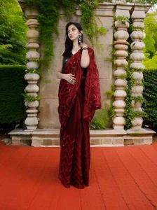 Designer Saree with Rhinstone & Thread Work by Shreekama - Picture 1 of 7