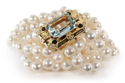 Perlenkette vierreihig Akoya Perlen Aquamarin Brillanten 750 Gold [BRORS 20475] - Bild 1 von 4