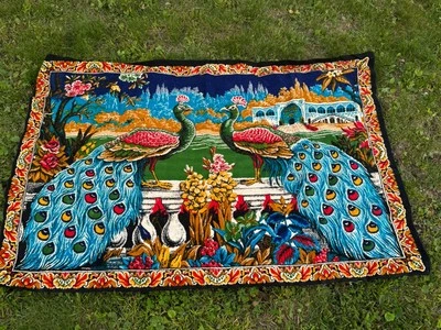 Vintage Colorful Peacock Wall Tapestry 59 X 39” 70s MCM Birds - Image 1 of 4