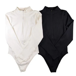 NWOT OQQ 2PC Ribbed Bodysuit Set XL Long Sleeve Zipped Front Black White Sexy - Picture 1 of 13