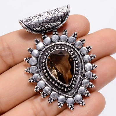 Smoky Quartz Gemstone Fashion Jewelry 925 Silver Pendant 1.9" ARP-4109 - Image 1 of 3