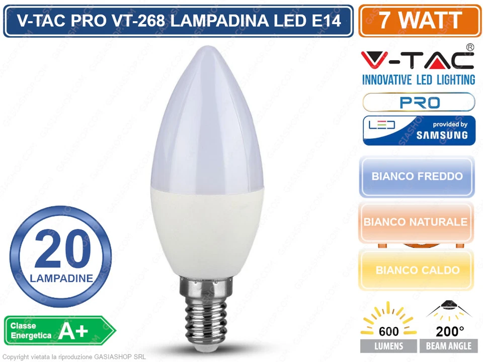 CONFEZIONE 20 PEZZI V-TAC PRO VT-268 LAMPADINA LED E14 7W CANDELA CHIP SAMSUNG - Immagine 1 di 2