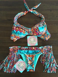 NWT XS Luli Fama Wild & Free Sexy Skimpy Underwire Padded Fringed Bikini Set - Picture 1 of 3